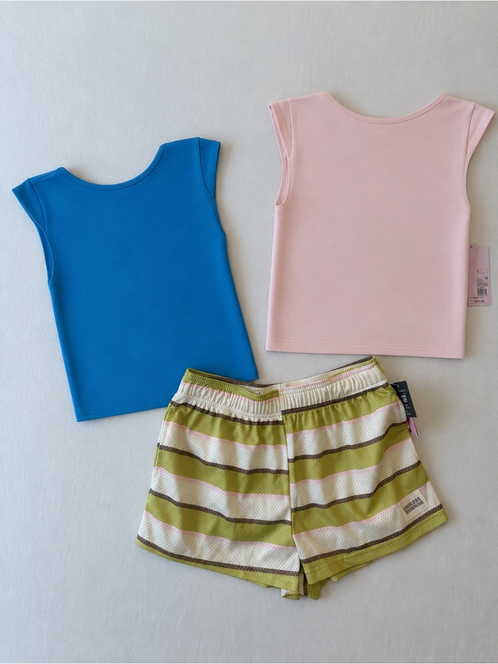 Target Women Blue and Pink Tank Tops with Olive Striped Shorts
